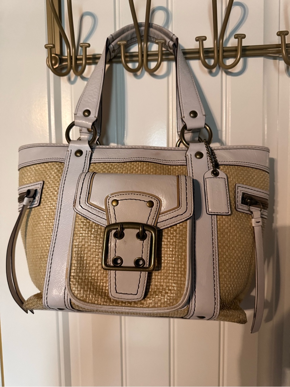 Vintage Coach Legacy woven and white leather tote